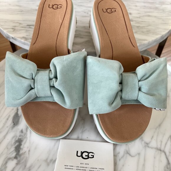 UGG Joan Bow Sandals Slides Platform Aqua Suede size10 Brand New - Picture 2 of 9